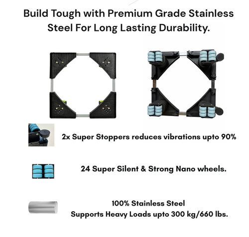 Homesoul Stainless Steel Adjustable 24 Wheels Heavy Duty Stand/Trolley for Front & Top Load Washing Machine/Refrigerator/Dishwasher with 300 KG Capacity for 7-9 kg Appliances
